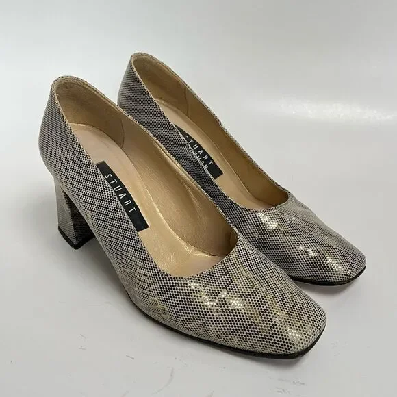 Vintage 90s Stuart Weitzman Snakeskin Reptile Gold Tan Pumps Heels Shimmer 6 6.5 - Picture 2 of 11